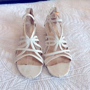 ME TOO Sofie Wedge white Sandal with zippered back enclosure and 1.75” heel